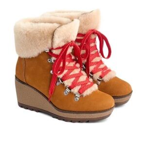 J.Crew Nordic Wedge Boots Glazed Pecan Brown Leather Shearling Cuff Red Laces 8M